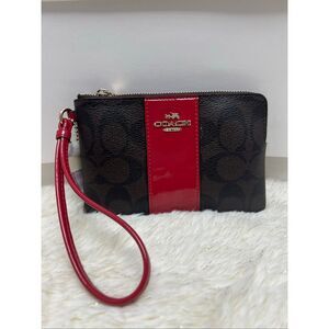 New! Coach Wristlet Wallet Brown True Red in Signature Canvas F54460